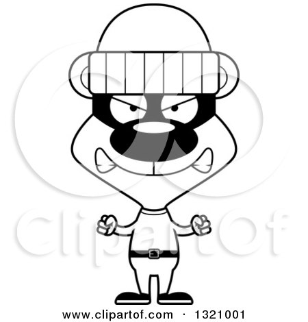 Lineart Clipart of a Cartoon Black and White Angry Bear Robber - Royalty Free Outline Vector Illustration by Cory Thoman