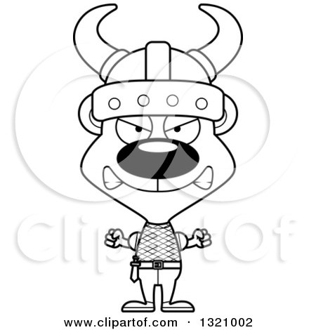 Lineart Clipart of a Cartoon Black and White Angry Bear Viking - Royalty Free Outline Vector Illustration by Cory Thoman