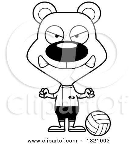 Lineart Clipart of a Cartoon Black and White Angry Bear Volleyball Player - Royalty Free Outline Vector Illustration by Cory Thoman