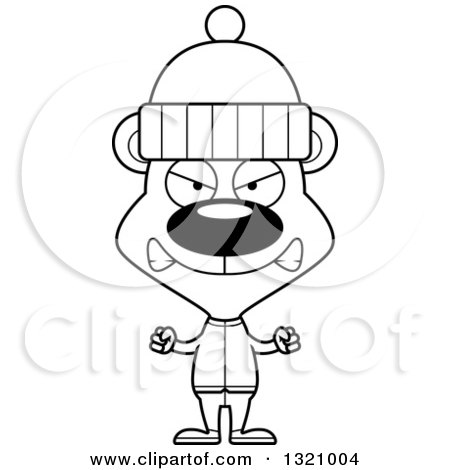 Lineart Clipart of a Cartoon Black and White Angry Bear in Winter Apparel - Royalty Free Outline Vector Illustration by Cory Thoman