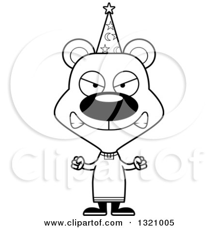 Lineart Clipart of a Cartoon Black and White Angry Bear Wizard - Royalty Free Outline Vector Illustration by Cory Thoman