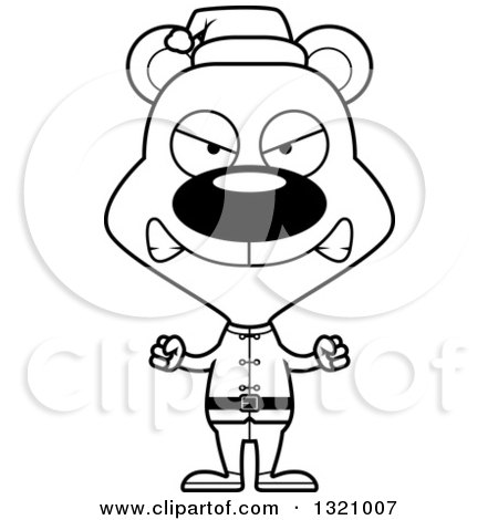 Lineart Clipart of a Cartoon Black and White Angry Bear Christmas Elf - Royalty Free Outline Vector Illustration by Cory Thoman
