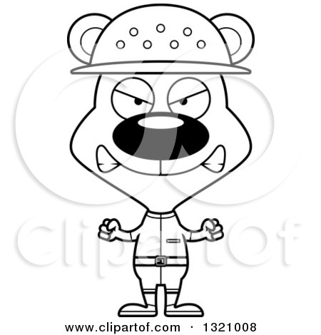 Lineart Clipart of a Cartoon Black and White Angry Bear Zookeeper - Royalty Free Outline Vector Illustration by Cory Thoman