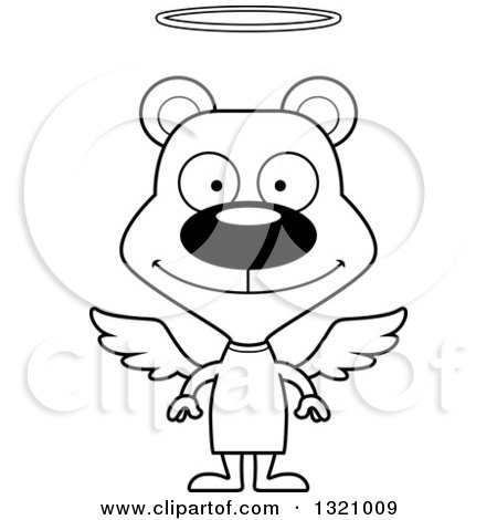 Lineart Clipart of a Cartoon Black and White Happy Bear Angel - Royalty Free Outline Vector Illustration by Cory Thoman