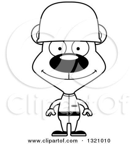 Lineart Clipart of a Cartoon Black and White Happy Bear Army Soldier - Royalty Free Outline Vector Illustration by Cory Thoman