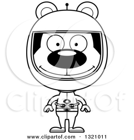 Lineart Clipart of a Cartoon Black and White Happy Bear Astronaut - Royalty Free Outline Vector Illustration by Cory Thoman