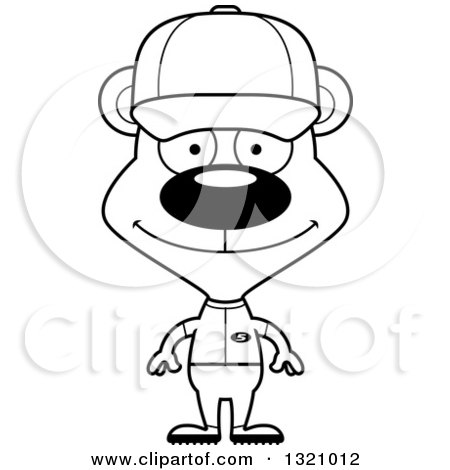 Lineart Clipart of a Cartoon Black and White Happy Bear Baseball Player - Royalty Free Outline Vector Illustration by Cory Thoman