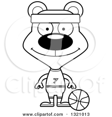 Lineart Clipart of a Cartoon Black and White Happy Bear Basketball Player - Royalty Free Outline Vector Illustration by Cory Thoman