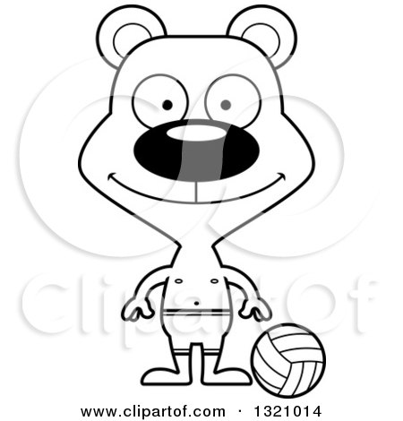 Lineart Clipart of a Cartoon Black and White Happy Bear Beach Volleyball Player - Royalty Free Outline Vector Illustration by Cory Thoman