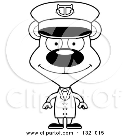 Lineart Clipart of a Cartoon Black and White Happy Bear Captain - Royalty Free Outline Vector Illustration by Cory Thoman