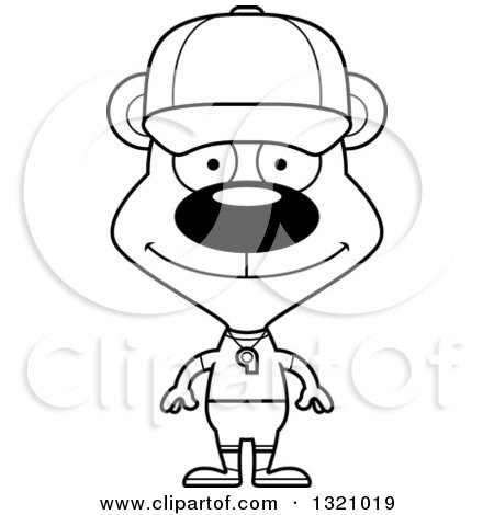 Lineart Clipart of a Cartoon Black and White Happy Bear Sports Coach - Royalty Free Outline Vector Illustration by Cory Thoman