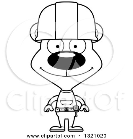 Lineart Clipart of a Cartoon Black and White Happy Bear Construction Worker - Royalty Free Outline Vector Illustration by Cory Thoman