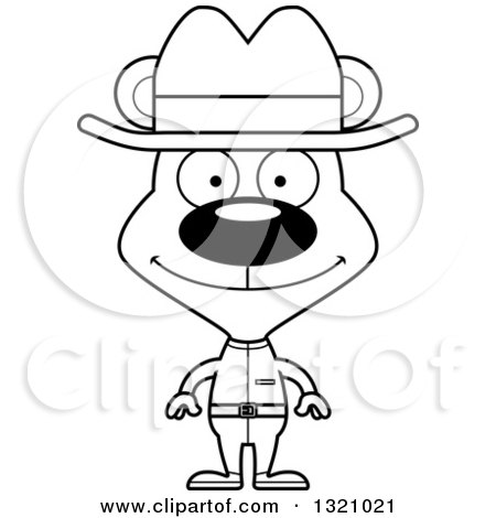 Lineart Clipart of a Cartoon Black and White Happy Bear Cowboy - Royalty Free Outline Vector Illustration by Cory Thoman