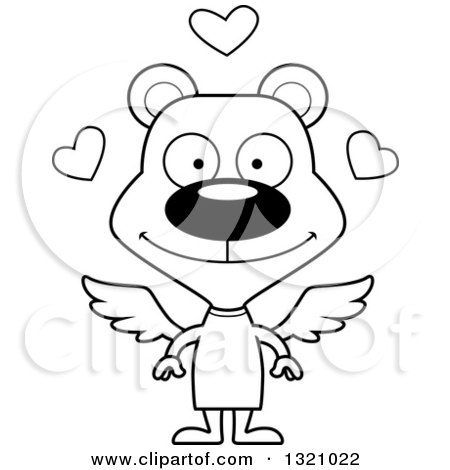 Lineart Clipart of a Cartoon Black and White Happy Bear Cupid - Royalty Free Outline Vector Illustration by Cory Thoman