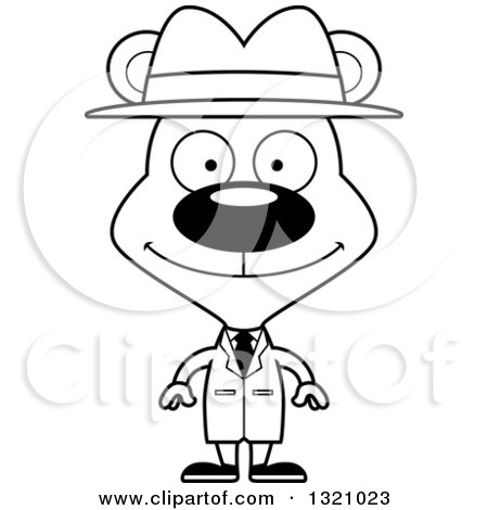Lineart Clipart of a Cartoon Black and White Happy Bear Detective - Royalty Free Outline Vector Illustration by Cory Thoman