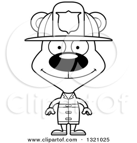 Lineart Clipart of a Cartoon Black and White Happy Bear Fireman - Royalty Free Outline Vector Illustration by Cory Thoman