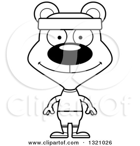 Lineart Clipart of a Cartoon Black and White Happy Fitness Bear - Royalty Free Outline Vector Illustration by Cory Thoman