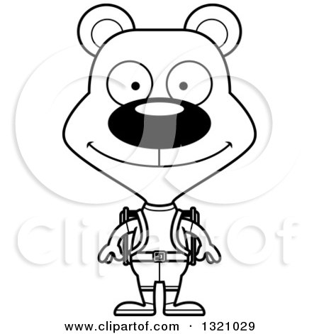 Lineart Clipart of a Cartoon Black and White Happy Bear Hiker - Royalty Free Outline Vector Illustration by Cory Thoman