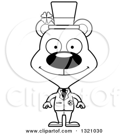 Lineart Clipart of a Cartoon Black and White Happy Irish St Patricks Day Bear - Royalty Free Outline Vector Illustration by Cory Thoman