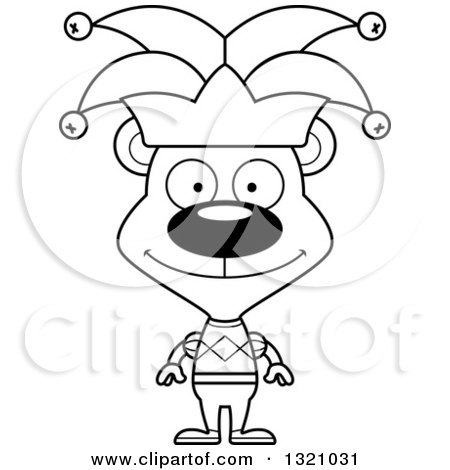 Lineart Clipart of a Cartoon Black and White Happy Bear Jester - Royalty Free Outline Vector Illustration by Cory Thoman