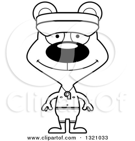 Lineart Clipart of a Cartoon Black and White Happy Bear Lifeguard - Royalty Free Outline Vector Illustration by Cory Thoman
