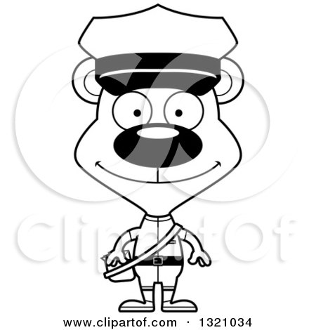 Lineart Clipart of a Cartoon Black and White Happy Bear Mail Man - Royalty Free Outline Vector Illustration by Cory Thoman