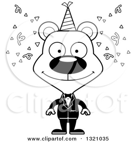 Lineart Clipart of a Cartoon Black and White Happy New Year Party Bear - Royalty Free Outline Vector Illustration by Cory Thoman