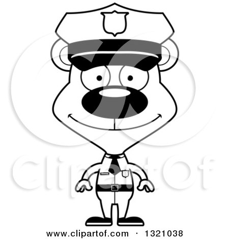 Lineart Clipart of a Cartoon Black and White Happy Bear Police Officer - Royalty Free Outline Vector Illustration by Cory Thoman