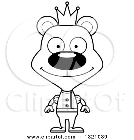 Lineart Clipart of a Cartoon Black and White Happy Bear Prince - Royalty Free Outline Vector Illustration by Cory Thoman