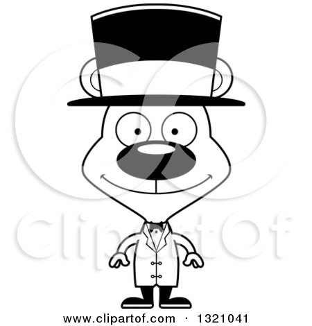 Lineart Clipart of a Cartoon Black and White Happy Bear Cirucs Ringmaster - Royalty Free Outline Vector Illustration by Cory Thoman