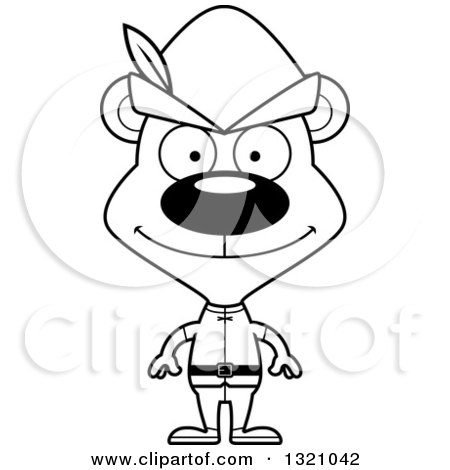 Lineart Clipart of a Cartoon Black and White Happy Robin Hood Bear - Royalty Free Outline Vector Illustration by Cory Thoman