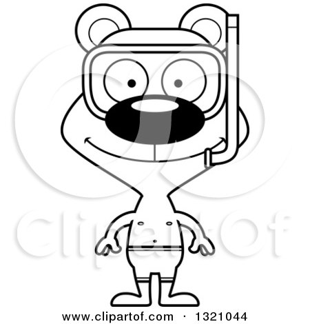 Lineart Clipart of a Cartoon Black and White Happy Snorkel Bear - Royalty Free Outline Vector Illustration by Cory Thoman
