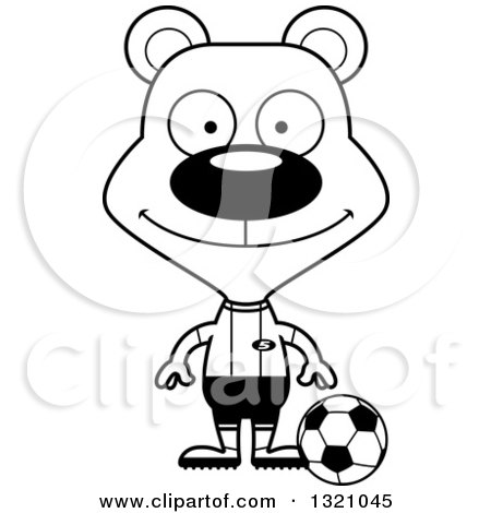 Lineart Clipart of a Cartoon Black and White Happy Bear Soccer Player - Royalty Free Outline Vector Illustration by Cory Thoman