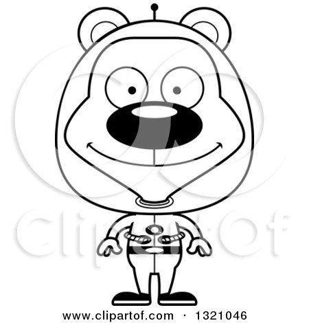 Lineart Clipart of a Cartoon Black and White Happy Space Bear - Royalty Free Outline Vector Illustration by Cory Thoman
