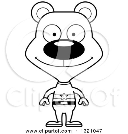 Lineart Clipart of a Cartoon Black and White Happy Bear Super Hero - Royalty Free Outline Vector Illustration by Cory Thoman