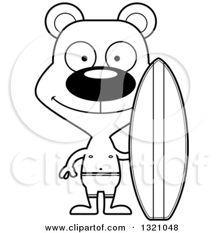 Lineart Clipart of a Cartoon Black and White Happy Bear Surfer - Royalty Free Outline Vector Illustration by Cory Thoman