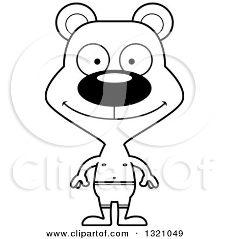 Lineart Clipart of a Cartoon Black and White Happy Bear in Swim Shorts - Royalty Free Outline Vector Illustration by Cory Thoman