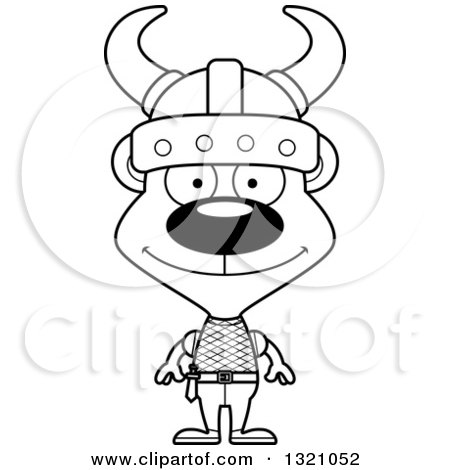 Lineart Clipart of a Cartoon Black and White Happy Viking Bear - Royalty Free Outline Vector Illustration by Cory Thoman