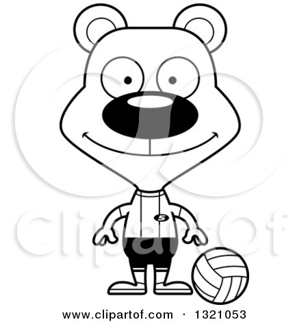 Lineart Clipart of a Cartoon Black and White Happy Bear Volleyball Player - Royalty Free Outline Vector Illustration by Cory Thoman