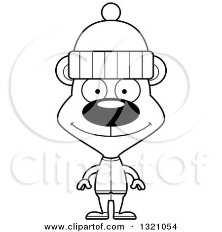 Lineart Clipart of a Cartoon Black and White Happy Bear in Winter Clothes - Royalty Free Outline Vector Illustration by Cory Thoman