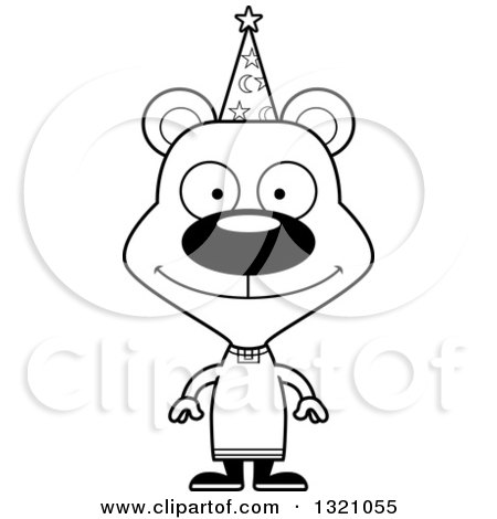 Lineart Clipart of a Cartoon Black and White Happy Bear Wizard - Royalty Free Outline Vector Illustration by Cory Thoman