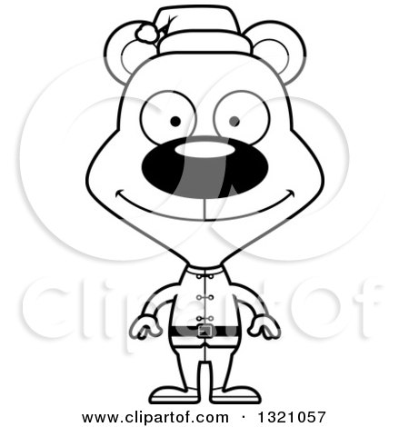 Lineart Clipart of a Cartoon Black and White Happy Christmas Elf Bear - Royalty Free Outline Vector Illustration by Cory Thoman