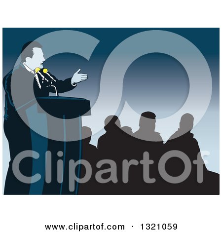 Clipart of a Spokesman or Politician Speaking at a Podium, with Silhouetted People over Blue - Royalty Free Vector Illustration by David Rey