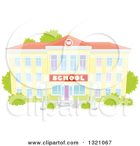Clipart of a Cartoon Yellow School Building Facade with Shrubs - Royalty Free Vector Illustration by Alex Bannykh