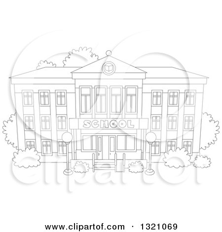 Lineart Clipart of a Cartoon Black and White School Building Facade - Royalty Free Outline Vector Illustration by Alex Bannykh