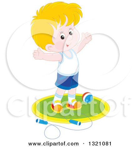 Clipart of a Cartoon Caucasian Boy Working out with a Ball and Jump Rope - Royalty Free Vector Illustration by Alex Bannykh