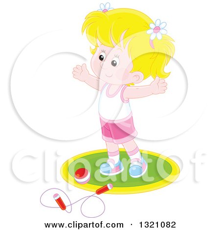 Clipart of a Cartoon Caucasian Girl Working out with a Ball and Jump Rope - Royalty Free Vector Illustration by Alex Bannykh