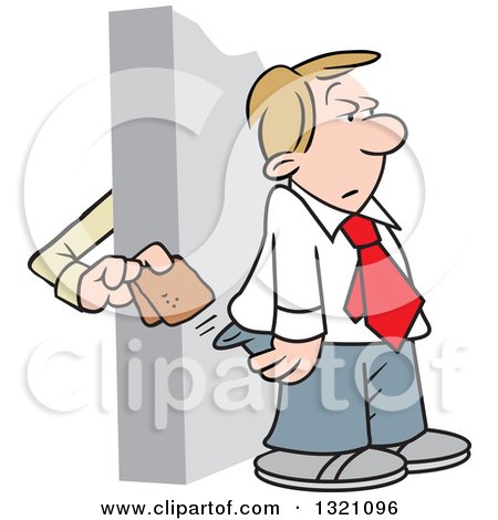 Clipart of a Cartoon Pick Pocket Thief Stealing a Wallet from an Unsuspecting White Business Man - Royalty Free Vector Illustration by Johnny Sajem