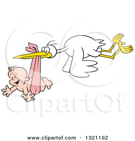 Clipart of a Cartoon Stork Bird Flying a Happy White Baby Girl in a Pink Bundle - Royalty Free Vector Illustration by Johnny Sajem