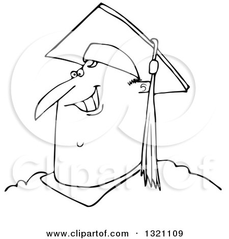 Lineart Clipart of a Cartoon Black and White Happy Chubby Male Graduate Smiling, from the Shoulders up - Royalty Free Outline Vector Illustration by djart